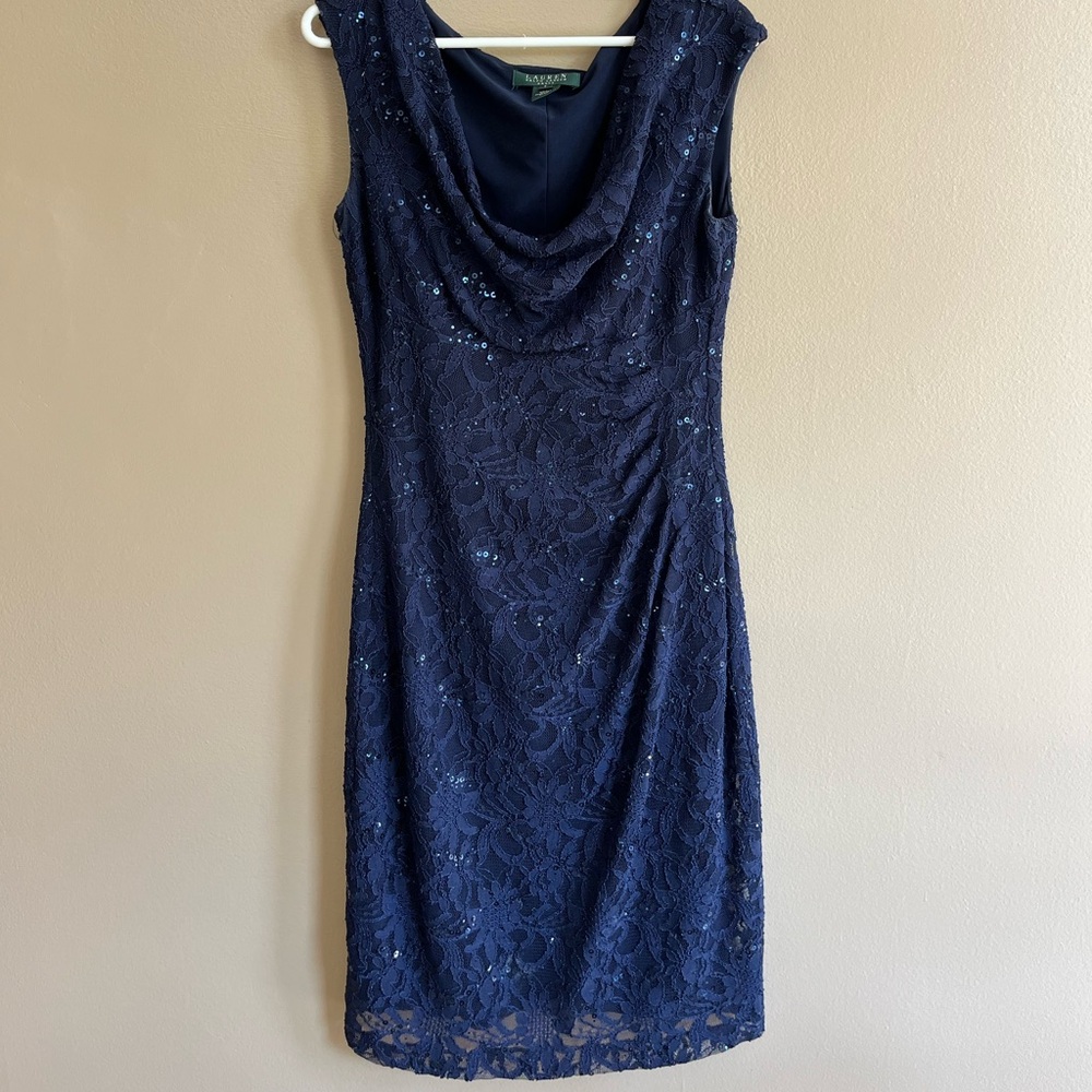 Lauren Ralph Lauren Dresses | Navy Blue Lace & Sequins Cowl Neck Ladies Size 12